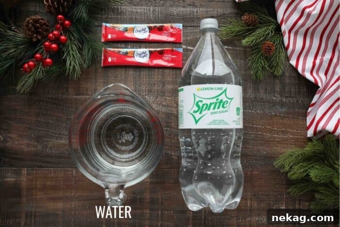 Ingredients for sugar-free holiday punch: Crystal Light fruit punch mix, cold water, and Sprite Zero.