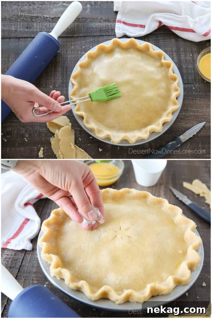 Collage image. Top image: Pie crust being brushed with a whisked egg. Bottom image: Pie crust pierced with a knife and being sprinkled with granulated sugar.