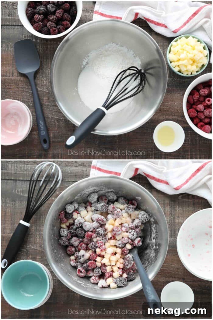 Collage image. Top image: Sugar and cornstarch in a bowl with a whisk. Bottom image: Frozen raspberries, frozen blackberries, and diced apple coated with sugar and cornstarch mixture.