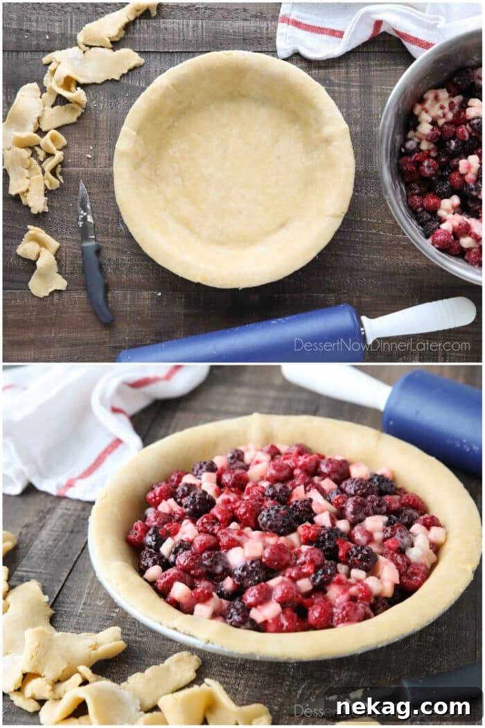 Collage image. Top image: Pie crust fitted to pie tin with the edges cut off. Bottom image: Pie crust filled with berry filling.