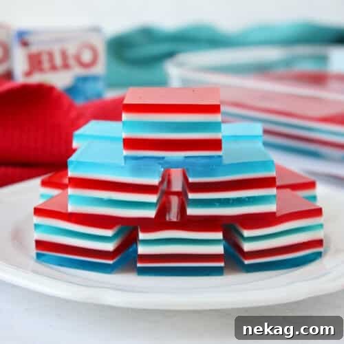 Patriotic jello with red, white, and blue layers.