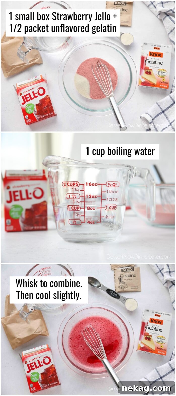 Tri-Color Celebration Jell-O 9 Red Layer: Mix one box strawberry jello with half a packet of unflavored gelatin, and 1 cup boiling water.
