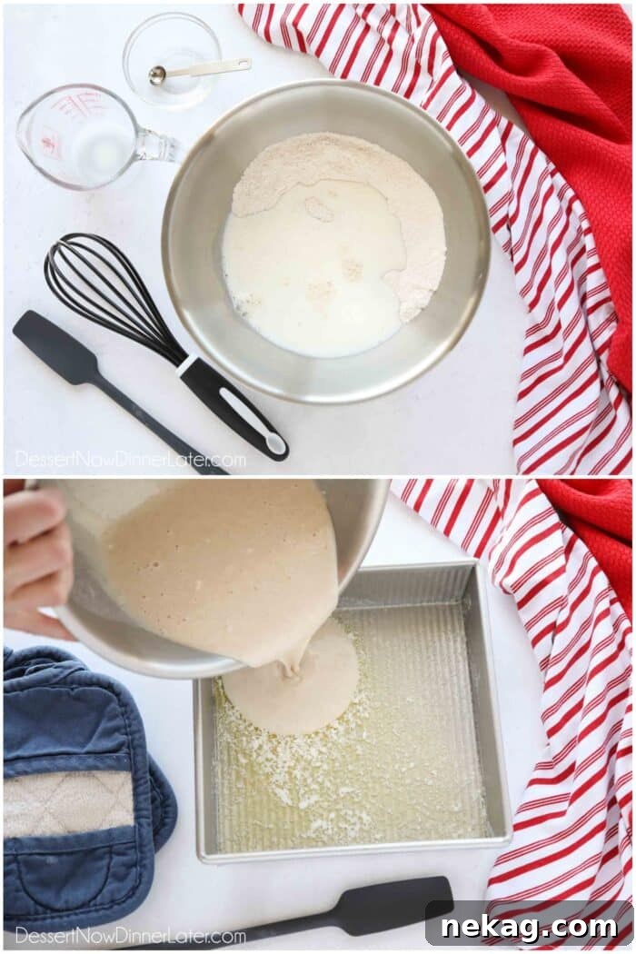 Collage image for making the cake for cobbler. Top image: Dry ingredients whisked together in a bowl with milk and extract on top. Bottom image: Cake batter being poured into a square pan with melted butter.