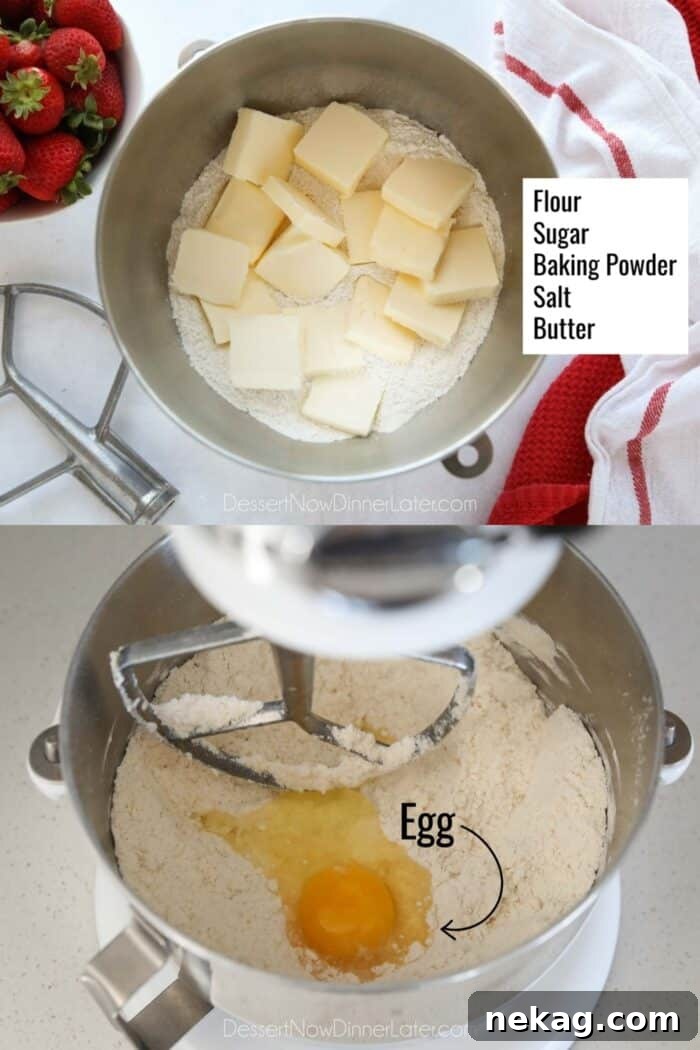Buttery Strawberry Streusel Bars 5 Two-image collage demonstrating crumb crust preparation. Top: Dry ingredients and cold butter in a mixing bowl. Bottom: Crumbly mixture with an egg added, ready for mixing.