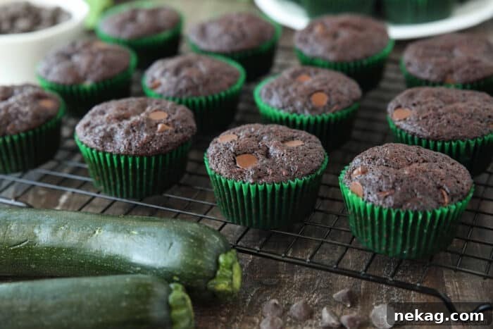 A side view of a wire cooling rack adorned with freshly baked chocolate zucchini muffins nestled in vibrant green paper wrappers.