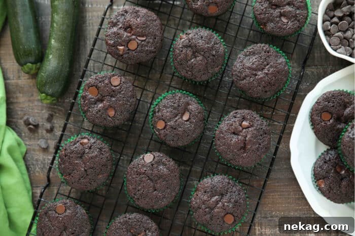 A top-down view of a wire cooling rack, featuring an array of chocolate zucchini muffins studded with luscious chocolate chips.