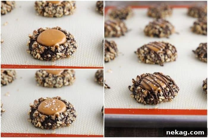 Delicious Turtle Thumbprint Cookies 9 A progression collage showing a cookie with caramel, then with caramel and sea salt, and finally with caramel, sea salt, and a chocolate drizzle, detailing the finishing touches.