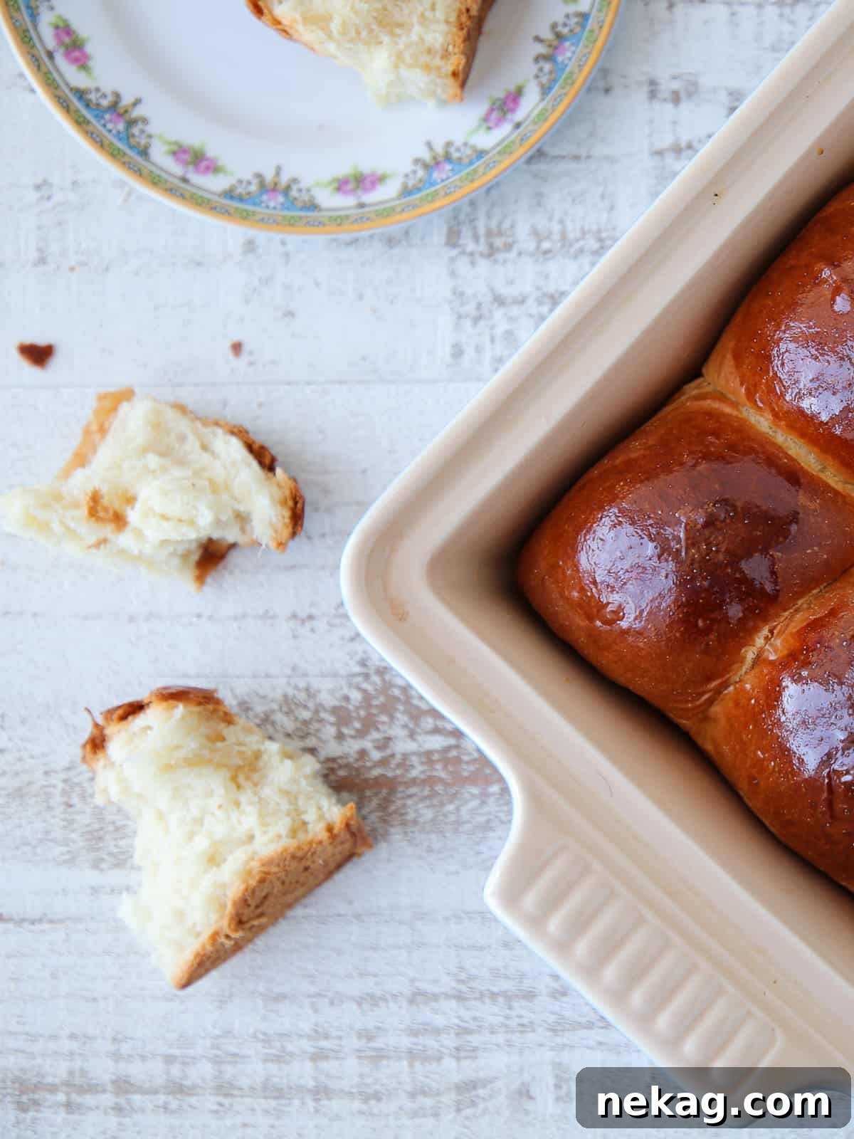 Perfectly Simple Dinner Rolls 5 Close-up of fluffy easy dinner rolls stacked