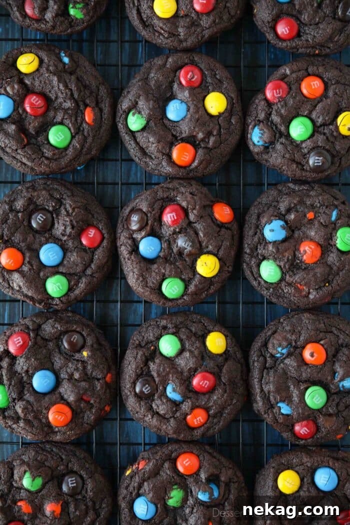 Colorful M and M Chocolate Cookies 3 A cooling rack filled with dozens of freshly baked Double Chocolate M&M Cookies, ready to be enjoyed. The cookies appear thick and perfectly round.