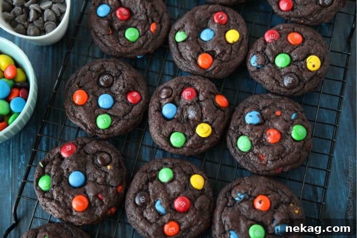 Colorful M and M Chocolate Cookies 6 A full cooling rack displaying many chocolate M&M cookies, some with M&M's pressed into their tops, cooling evenly after baking.