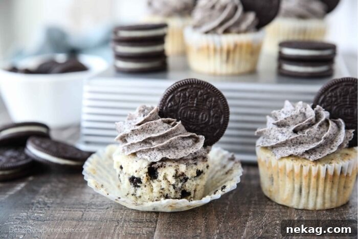 Cookies and Cream Cupcakes 5 Closeup of an Oreo cupcake with the wrapper pulled down on the sides.