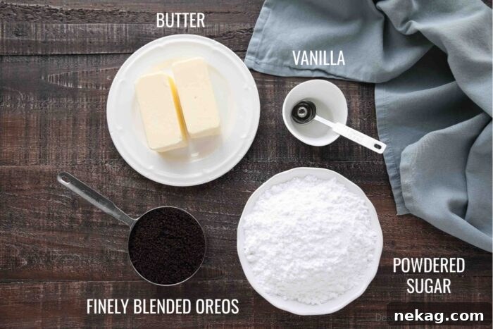 Cookies and Cream Cupcakes 10 Ingredients for Oreo Frosting: Butter, Powdered Sugar, Vanilla, Finely Blended Oreos.
