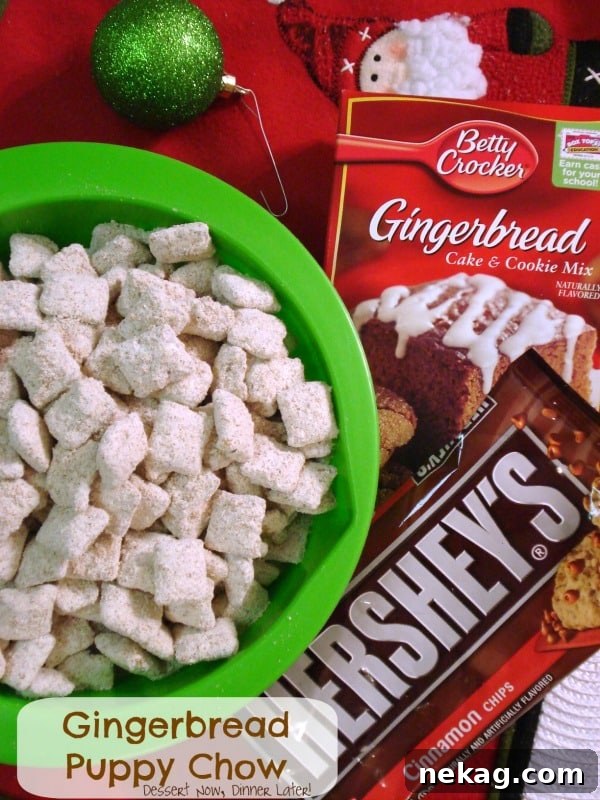 Festive Gingerbread Crunch 2 Delicious Gingerbread Puppy Chow, a perfect festive snack for the holidays, made with only 5 simple ingredients.