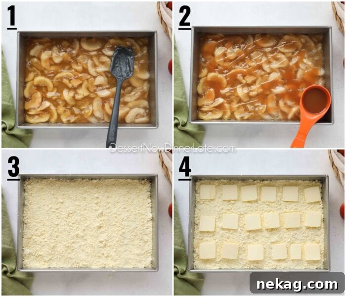 A four-panel collage showing the preparation steps for Caramel Apple Dump Cake: 1) Spreading apple pie filling, 2) Drizzling caramel sauce, 3) Sprinkling cake mix, and 4) Arranging butter slices.