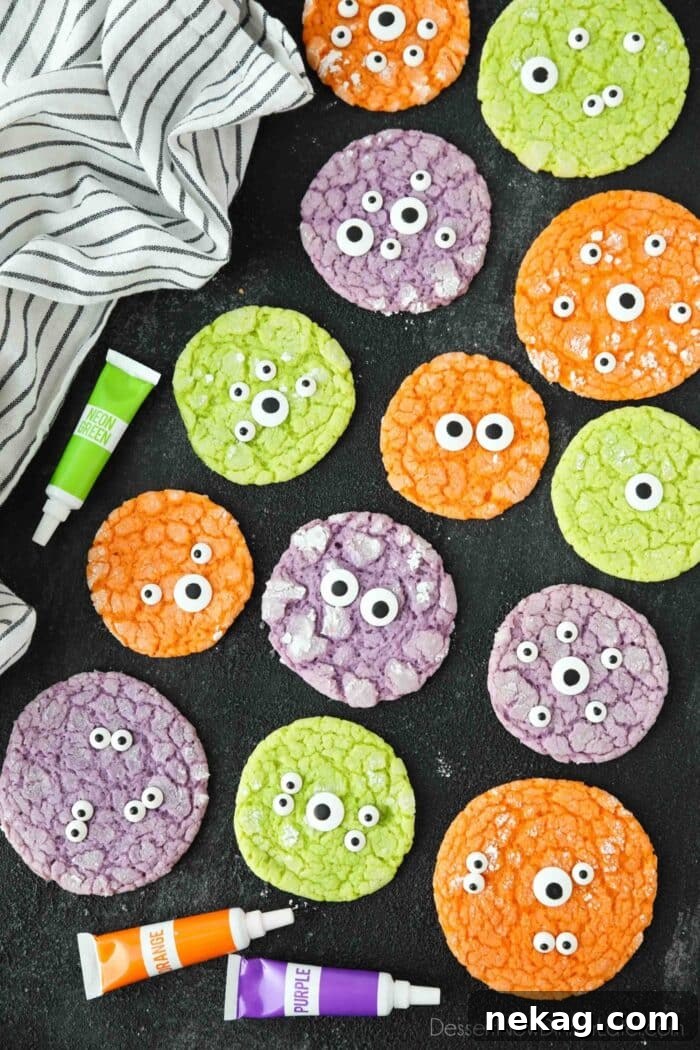 Halloween Monster Cookies with neon colors topped with big and small candy eyes, arranged invitingly on a platter.