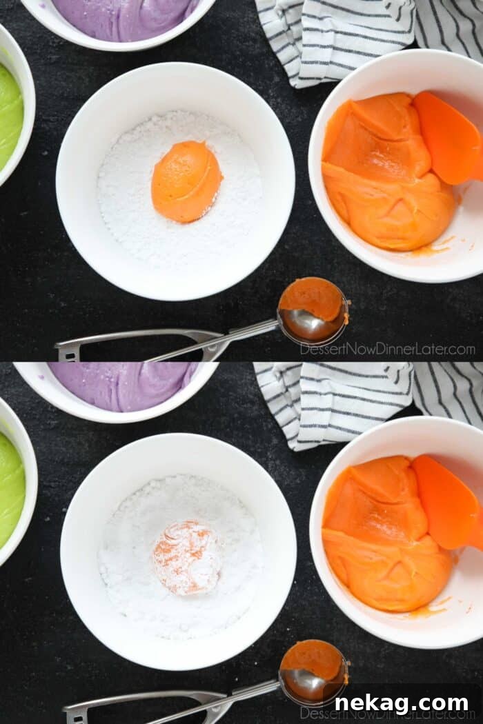 Collage image showing orange cookie dough being scooped into a bowl of powdered sugar, then completely coated in the sugar, ready for baking.