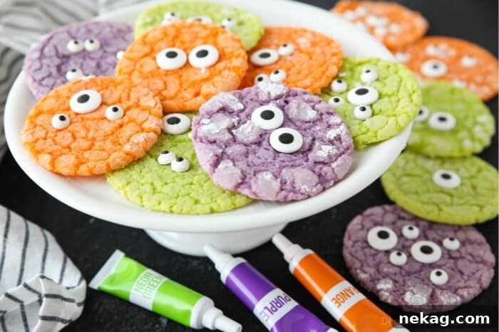 Side view of a plate filled with colorful cookies topped with candy eyeballs, showing their delightful thickness.