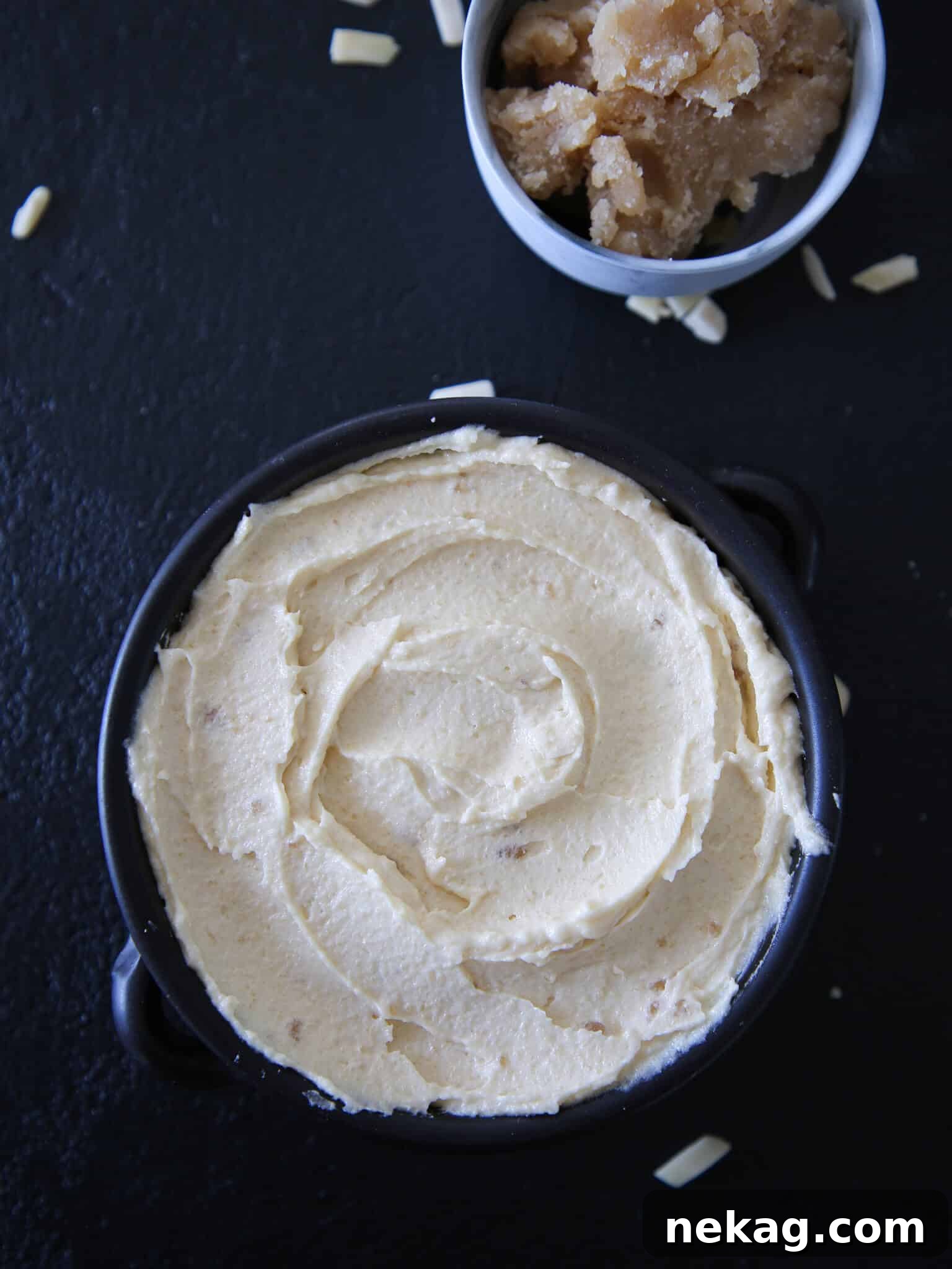 Silken Almond Indulgence 2 Almond Cream Almond Paste Overhead - A bowl of creamy almond paste filling ready for baking.