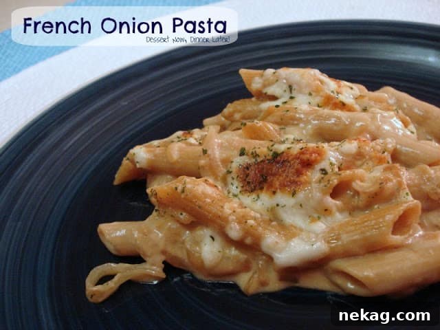 French Onion Pasta in a white baking dish