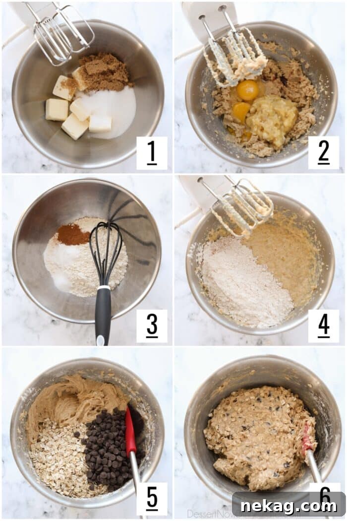 Banana Bread Inspired Oatmeal Chocolate Chip Cookies 5 Visual steps illustrating the process of mixing ingredients for banana oatmeal chocolate chip cookies.