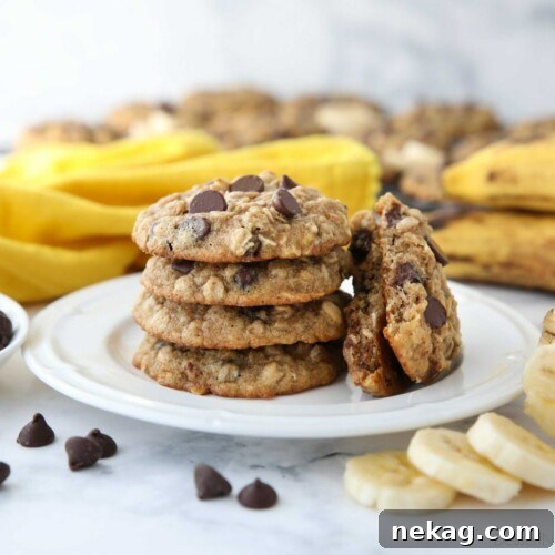 Banana Bread Inspired Oatmeal Chocolate Chip Cookies 9 Stack of banana oatmeal chocolate chip cookies on a plate with one cookie broken in half.