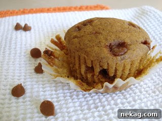 Close-up of a single Cinnamon Chip Pumpkin Muffin, showcasing its tender crumb and visible cinnamon chips