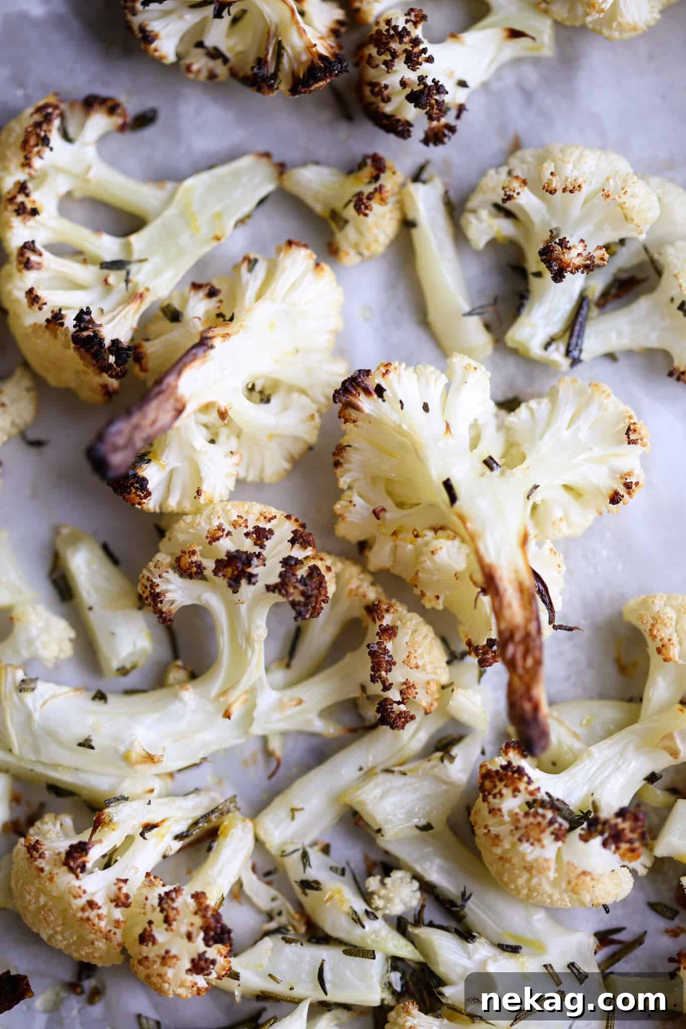 Easy Rosemary Lemon Roasted Cauliflower on baking sheet