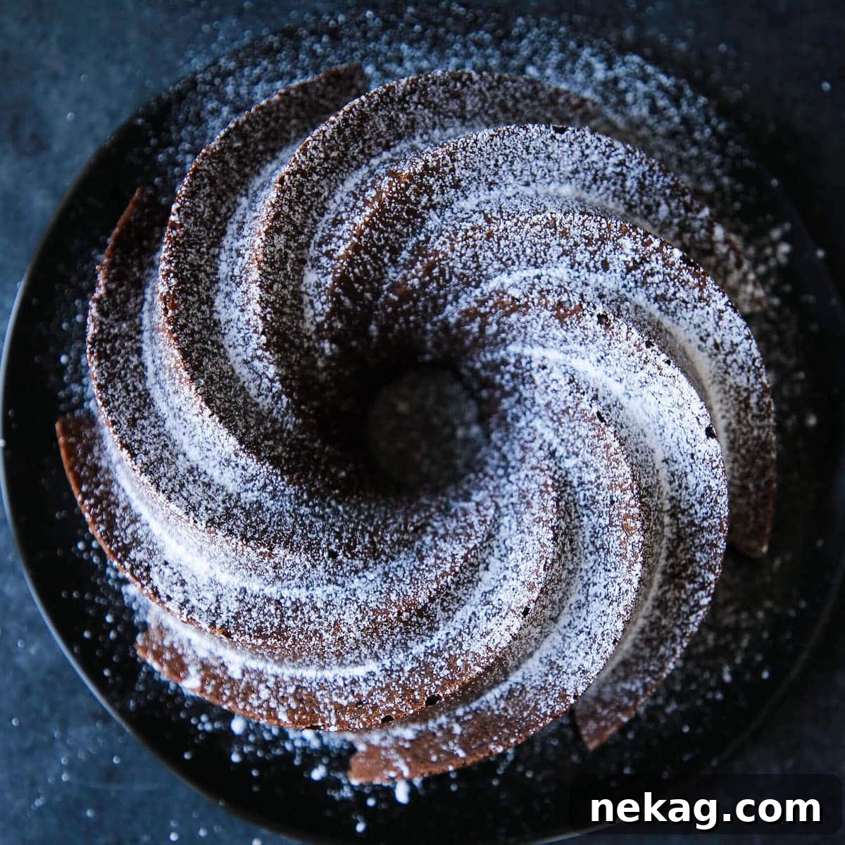 Decadent Chocolate Loaf 3 An uncut fluted chocolate pound cake.
