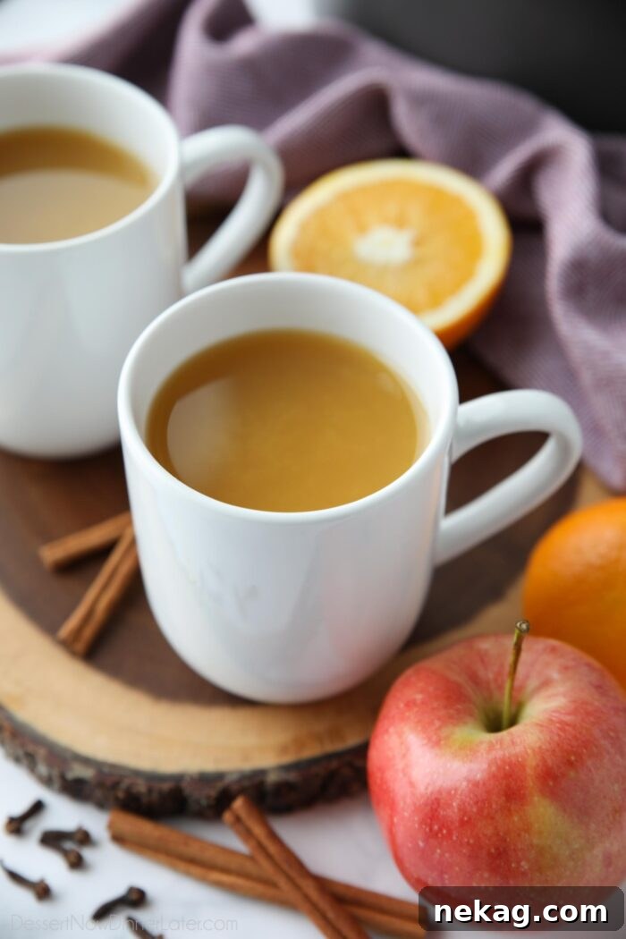 Festive Wassail Brew 2 A steaming mug of traditional wassail, also known as mulled apple cider, garnished with cinnamon and orange.