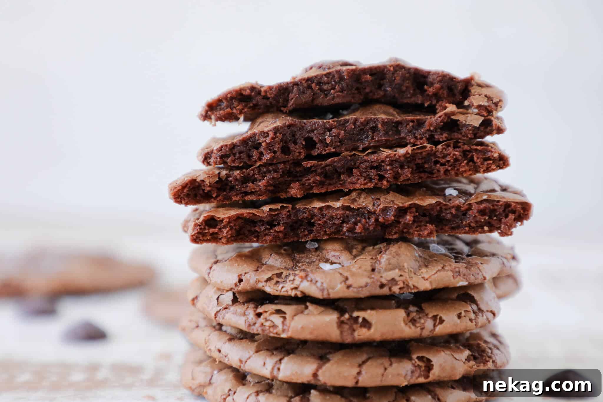 Stack of fudgy brownie cookies with some broken open to show the interior