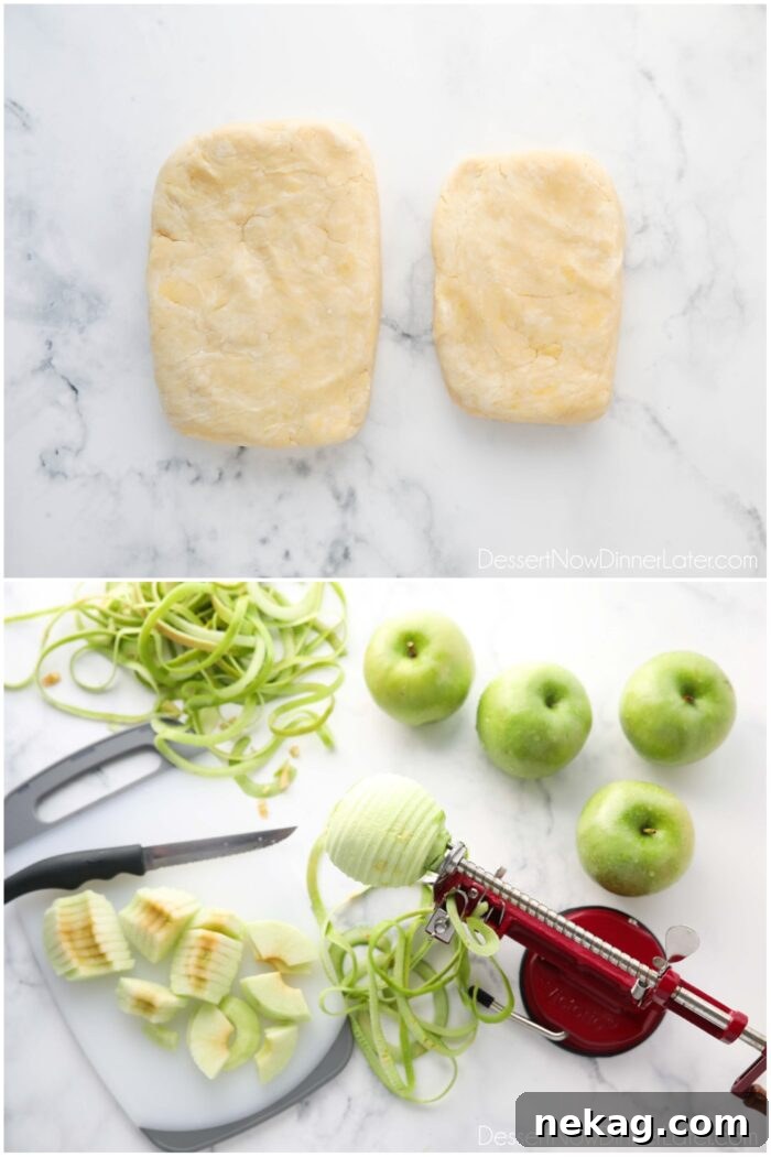 Golden Apple Slab Bake 5 Two images side by side. The first shows two portions of pie crust dough, one larger than the other. The second shows Granny Smith apples being peeled, cored, and sliced with a specialized tool.