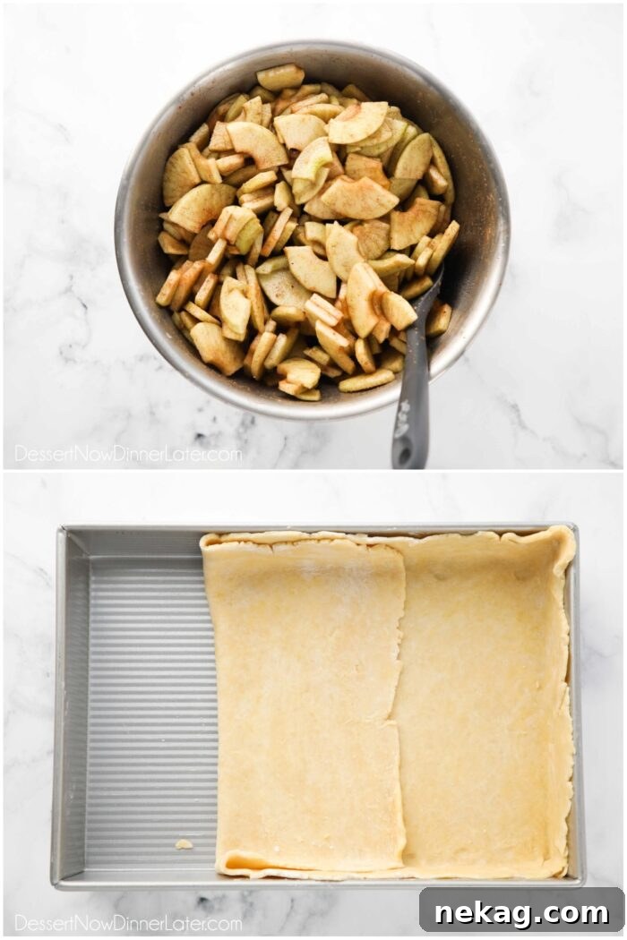 Golden Apple Slab Bake 6 Two images. The first shows a pie crust being carefully fitted into a 9x13-inch pan. The second displays a bowl of homemade apple pie filling, perfectly seasoned and ready.