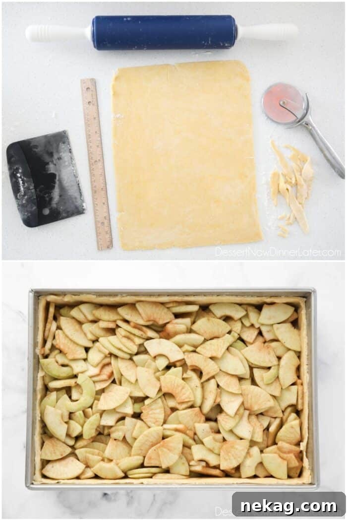 Golden Apple Slab Bake 7 Two images. The first shows a neatly rolled rectangular pie crust. The second shows the delicious apple pie filling spread evenly inside the bottom pie crust in a baking pan.