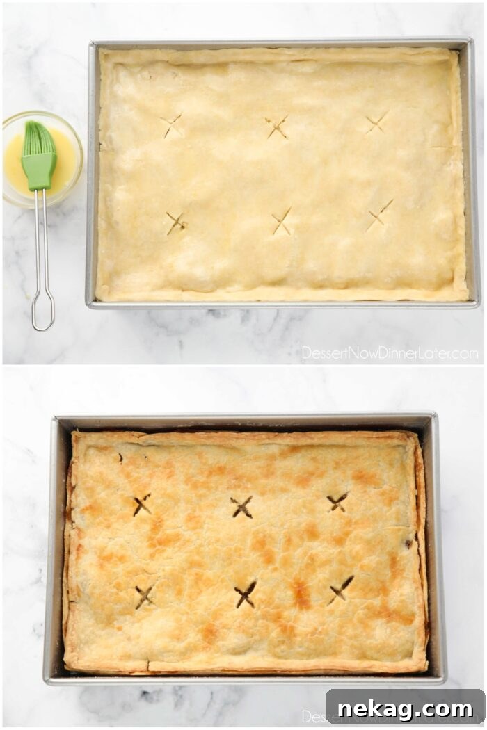 Golden Apple Slab Bake 8 Two images. The first shows an unbaked apple slab pie with egg wash applied. The second shows the same pie after baking, golden brown and bubbling.