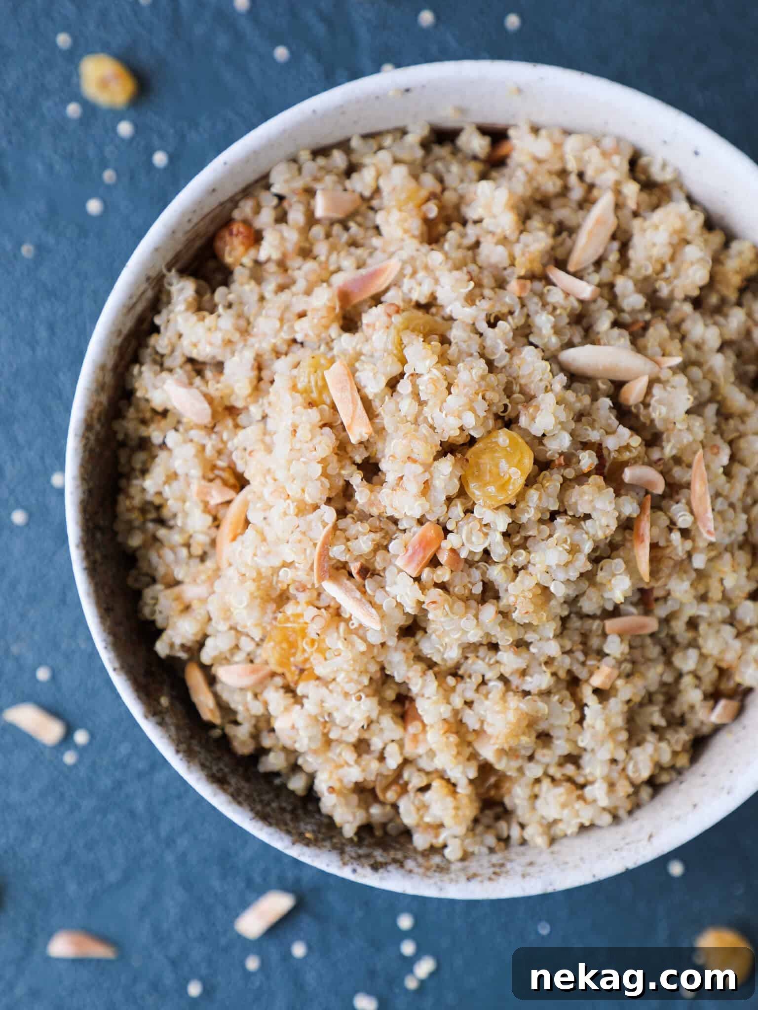 Beautifully plated Quinoa Pilaf with a vibrant blue background, garnished with fresh herbs, ready to serve