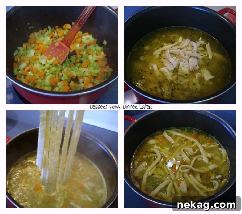 Handcrafted Noodles in Hearty Chicken Broth 4 Hearty Homemade Noodles & Chicken Soup in a bowl