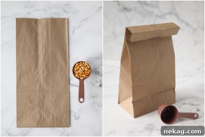 Dreamy Caramel Popcorn 4 A brown paper bag filled with unpopped yellow corn kernels, neatly tied and ready for popping.