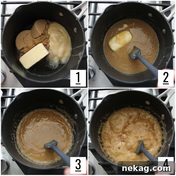 Dreamy Caramel Popcorn 5 Caramel ingredients bubbling gently in a large saucepan over medium heat, releasing a sweet aroma.