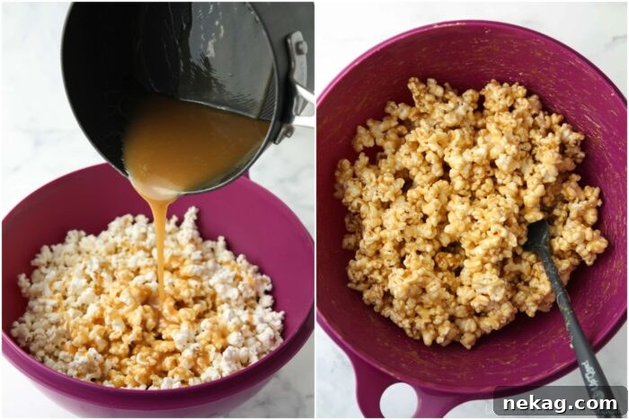 Dreamy Caramel Popcorn 6 Hot, freshly made caramel syrup being poured over a large bowl of fluffy popcorn, ready to be mixed.