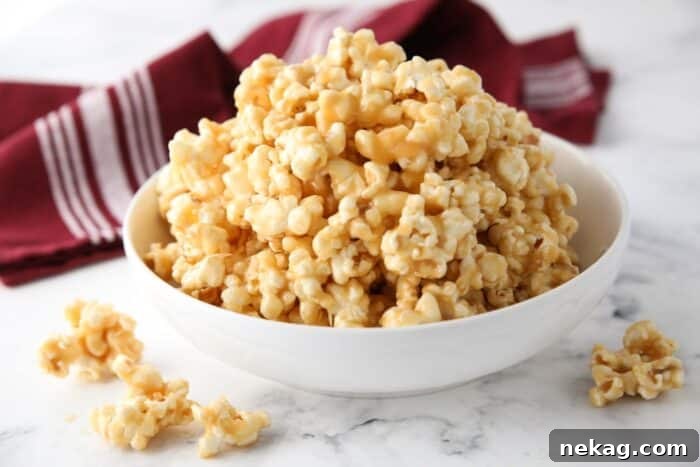 Dreamy Caramel Popcorn 7 A smaller bowl of soft and sticky caramel popcorn, beautifully presented and ready for snacking.