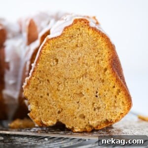 Close-up of a slice of pumpkin spice bundt cake showing its stunning, moist crumb texture, inviting you to take a bite of this delicious fall dessert.