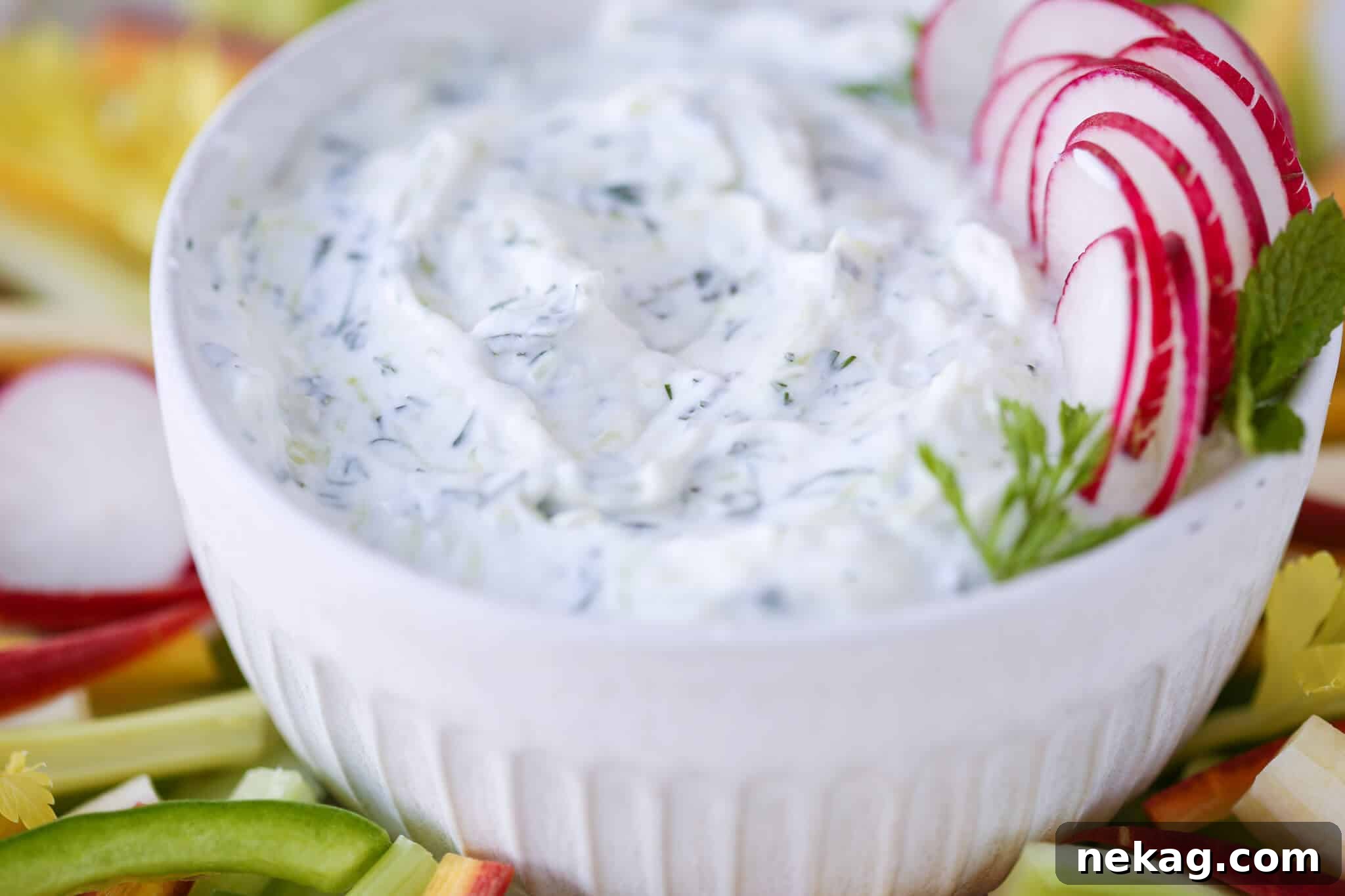 Tzatziki Dip Swirled Top, garnished with a sprig of dill