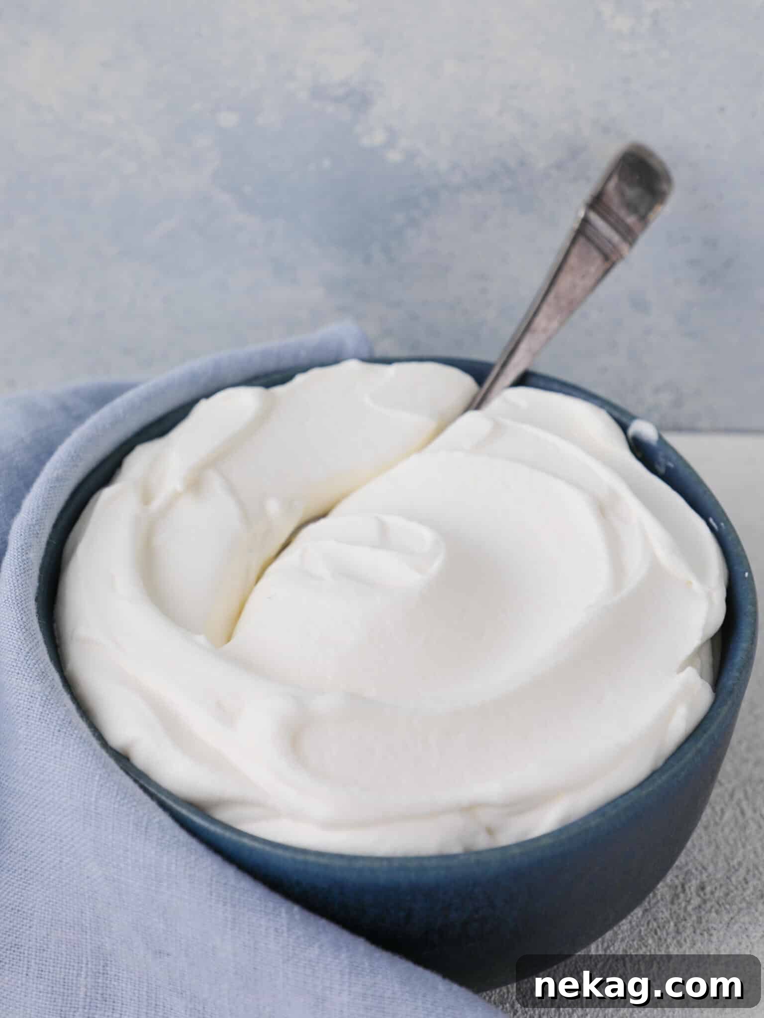 Silky Homemade Whip 5 Multiple swirls of homemade whipped cream against a soft blue background, highlighting its light texture.