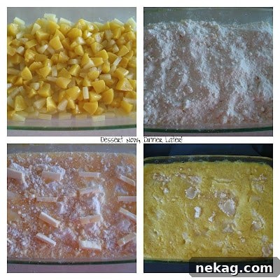 Close-up of Pineapple Peach Cobbler ingredients in a baking dish, showing fruit and dry cake mix layers before baking