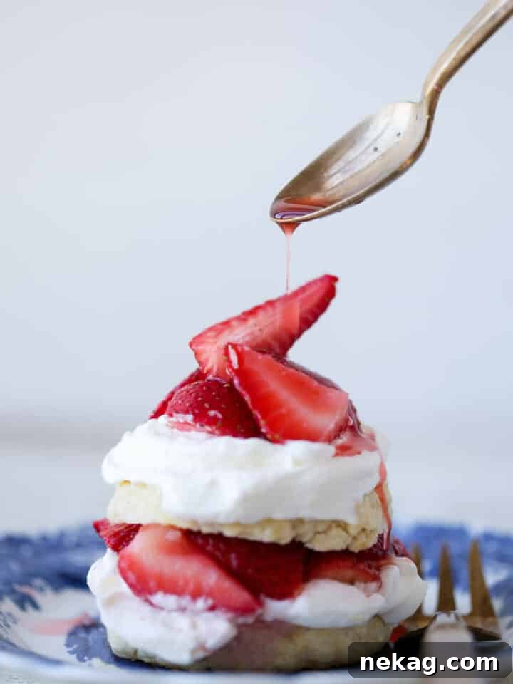 Strawberry Shortcake for Two Sauce drizzle on antique spoon. A close-up of strawberry shortcake with a delicate drizzle of strawberry-lemon sauce being added from an antique spoon, highlighting the rich, glistening juices.