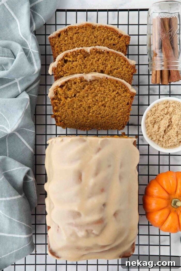 Golden Cinnamon Drizzle 6 Pumpkin loaf with cinnamon brown sugar glaze on top.