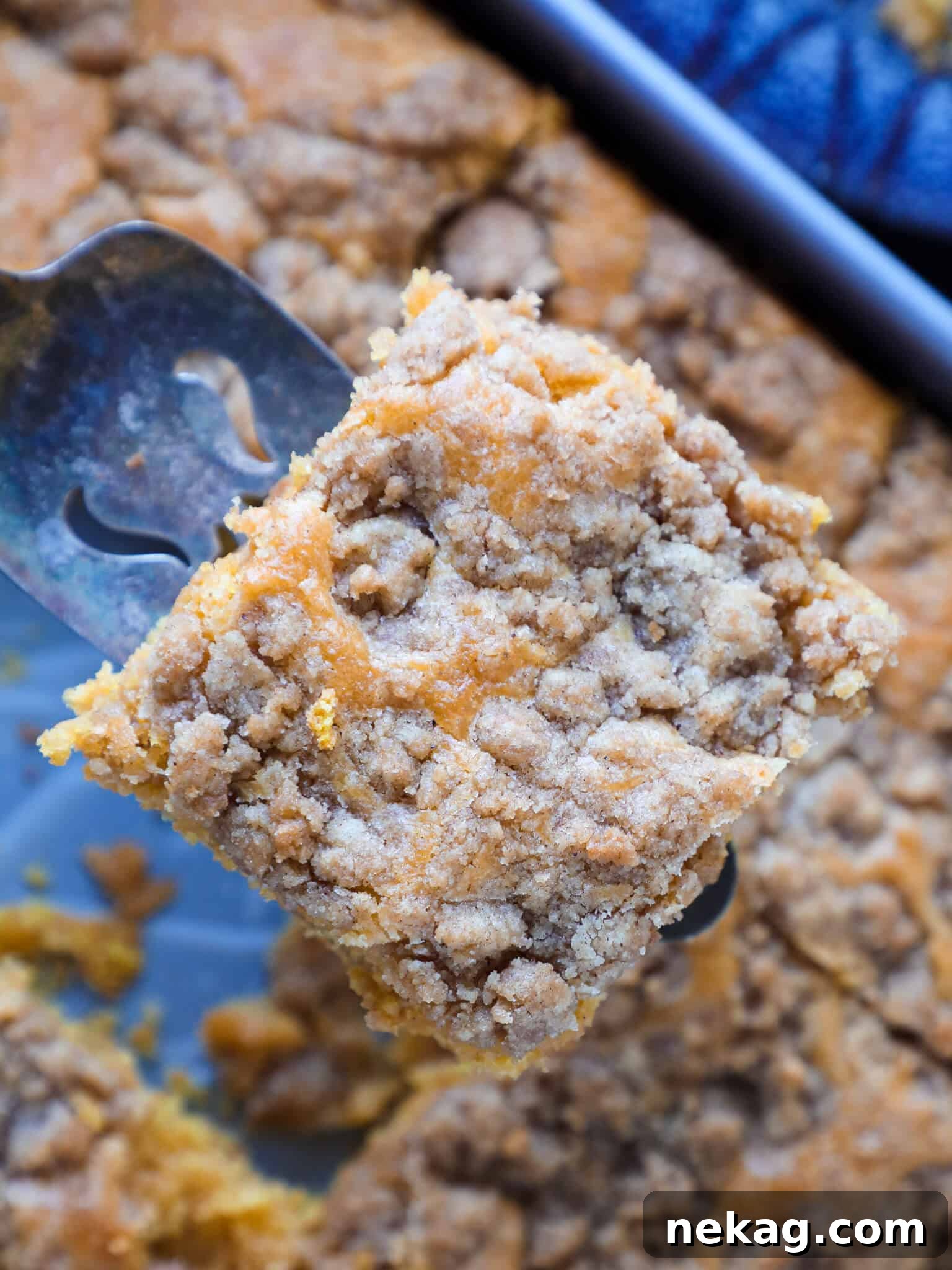 Spiced Pumpkin Crumble Cake 3 A large slice of pumpkin coffee cake being lifted from a baking dish with a cake server, revealing the golden brown crumb topping.