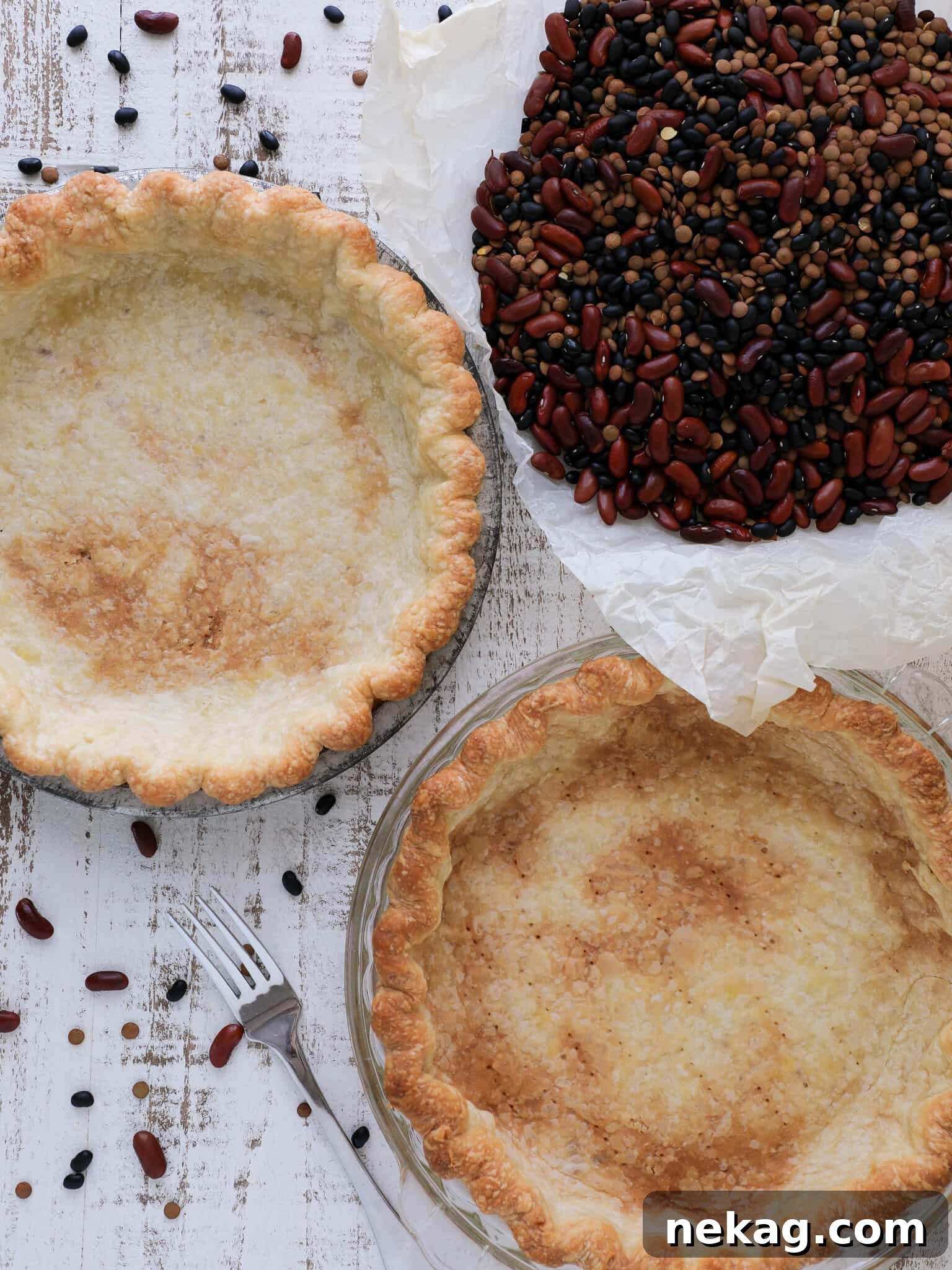 Flawless Crusts The Docking Dilemma Solved 2 Two unbaked pie crusts, one docked and one undocked, illustrating when to dock a pie crust for a flat, even base.