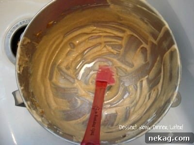 Perfect Gingersnap Pumpkin Cheesecake Minus The Cracks 4 A mixing bowl with cheesecake batter, illustrating the technique of not over-scraping the sides to prevent over-mixing.