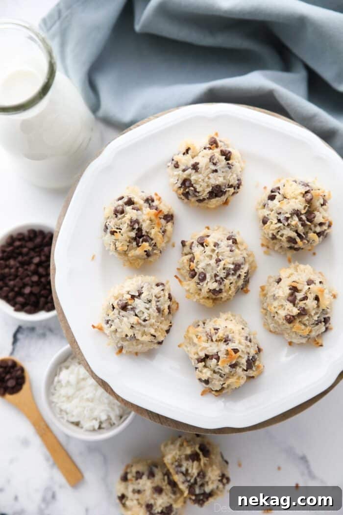 Decadent Chocolate Chip Macaroon Dreams 3 A beautiful arrangement of golden-brown coconut macaroons generously studded with mini chocolate chips, set against a backdrop of fresh ingredients including sweetened condensed milk and more chocolate chips.